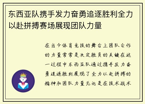 东西亚队携手发力奋勇追逐胜利全力以赴拼搏赛场展现团队力量