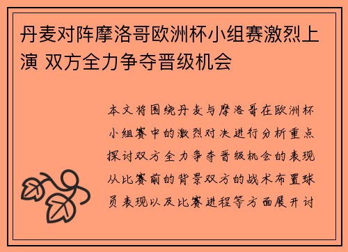丹麦对阵摩洛哥欧洲杯小组赛激烈上演 双方全力争夺晋级机会