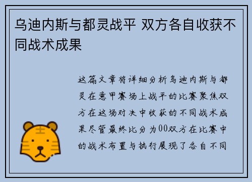 乌迪内斯与都灵战平 双方各自收获不同战术成果