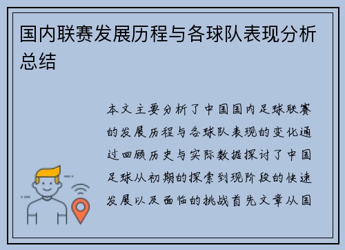 国内联赛发展历程与各球队表现分析总结