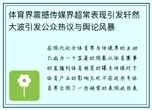 体育界震撼传媒界超常表现引发轩然大波引发公众热议与舆论风暴
