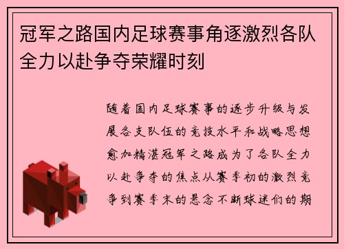 冠军之路国内足球赛事角逐激烈各队全力以赴争夺荣耀时刻
